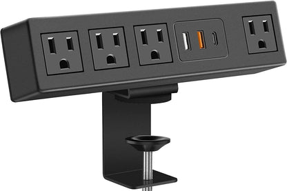 Desk Clamp Power Strip with USB-A and USB-C Ports, Desktop Mount Surge Protector 1200J, Widely Spaced Desk Outlet Station, Fast Charging, 6 FT Flat Plug, Fit 1.9 Inch Tabletop Edge. (Black)