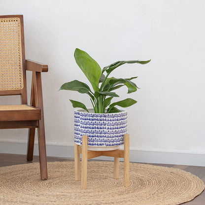 Large Ceramic Plant Pot with Stand - 9.4 Inch Modern Cylinder Indoor Planter with Drainage Hole for Snake Plants, Fiddle Fig Tree, Artificial Plants, Blue & White