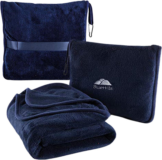 Premium Soft Travel Blanket Pillow Airplane Blanket Packed in Soft Bag Pillowcase with Hand Luggage Belt and Backpack Clip, Compact Pack Large Blanket for Any Travel (Navy Blue T002)