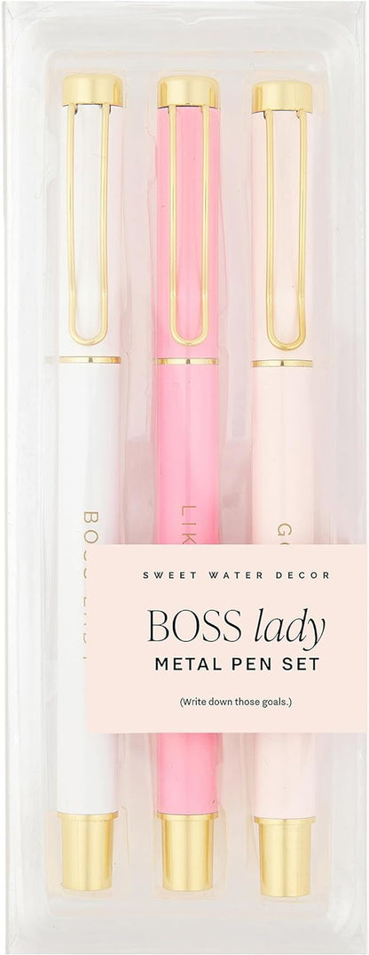 Metal Boss Lady Pen Set - Gifts for Bosses, New Jobs, Graduation, and More - Medium Ballpoint Pens with Black Ink - Refillable Three Piece Pen Set