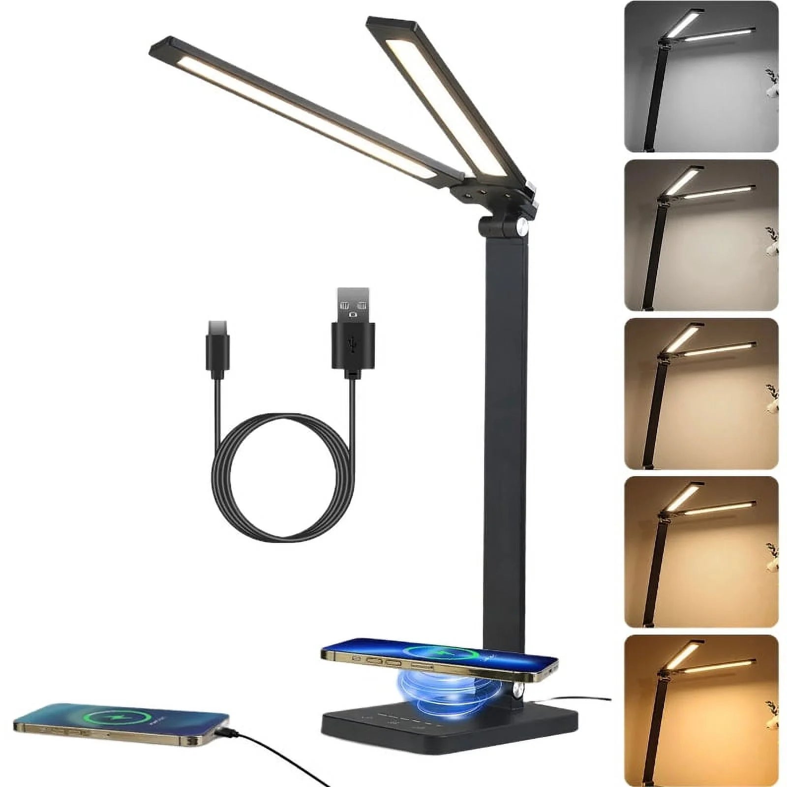 Desk Lamp, Double Head LED Desk Light for Home Office, 20W Eye Caring, Wireless Charging, USB Port, Timmer,5 Color Modes, Black