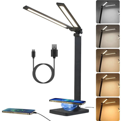 Desk Lamp, Double Head LED Desk Light for Home Office, 20W Eye Caring, Wireless Charging, USB Port, Timmer,5 Color Modes, Black