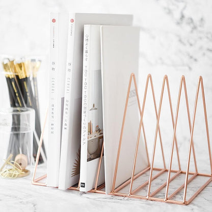 9 Slot Rose Gold Magazine Holder,Desktop File Sorter Organizer Triangle Bookshelf Decor Home Office