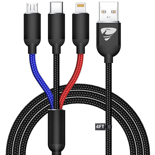 2 Pack Multi Charging Cable, 3 in 1 Multi Phone Charger Cable Fast Charging Cord with Lightning, USB C and Micro USB Cable, for Iphone Ipad Samsung Android Phone, Black