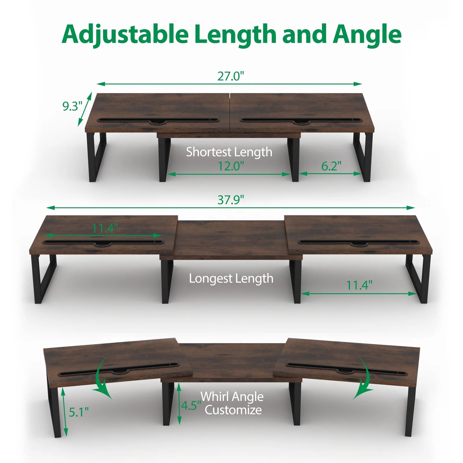 Monitor Stand Riser, Dual Computer Monitor Stand with Pen Slot, Adjustable Length and Angle, Brown