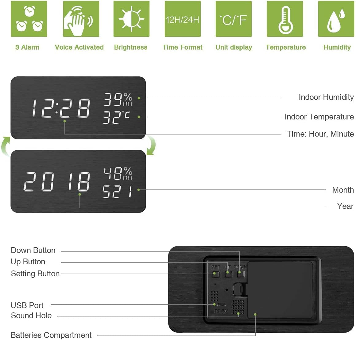 Digital Wooden Alarm Clock, Electronic LED Desktop Clock with Temperature Humidity Time Display, 3 Alarm Settings, Voice Control, 3 Levels Adjustable Brightness for Home, Bedroom, Office