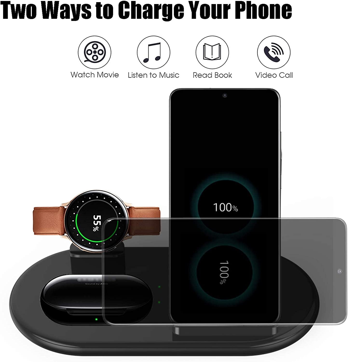 Wireless Charging Station for Samsung, 3 in 1 Wireless Charger for Galaxy Watch 4, Watch Active 2 and Galaxy Buds Pro, Phone Charger Stand Dock Compatible with Samsung Galaxy S22 S20(Black)