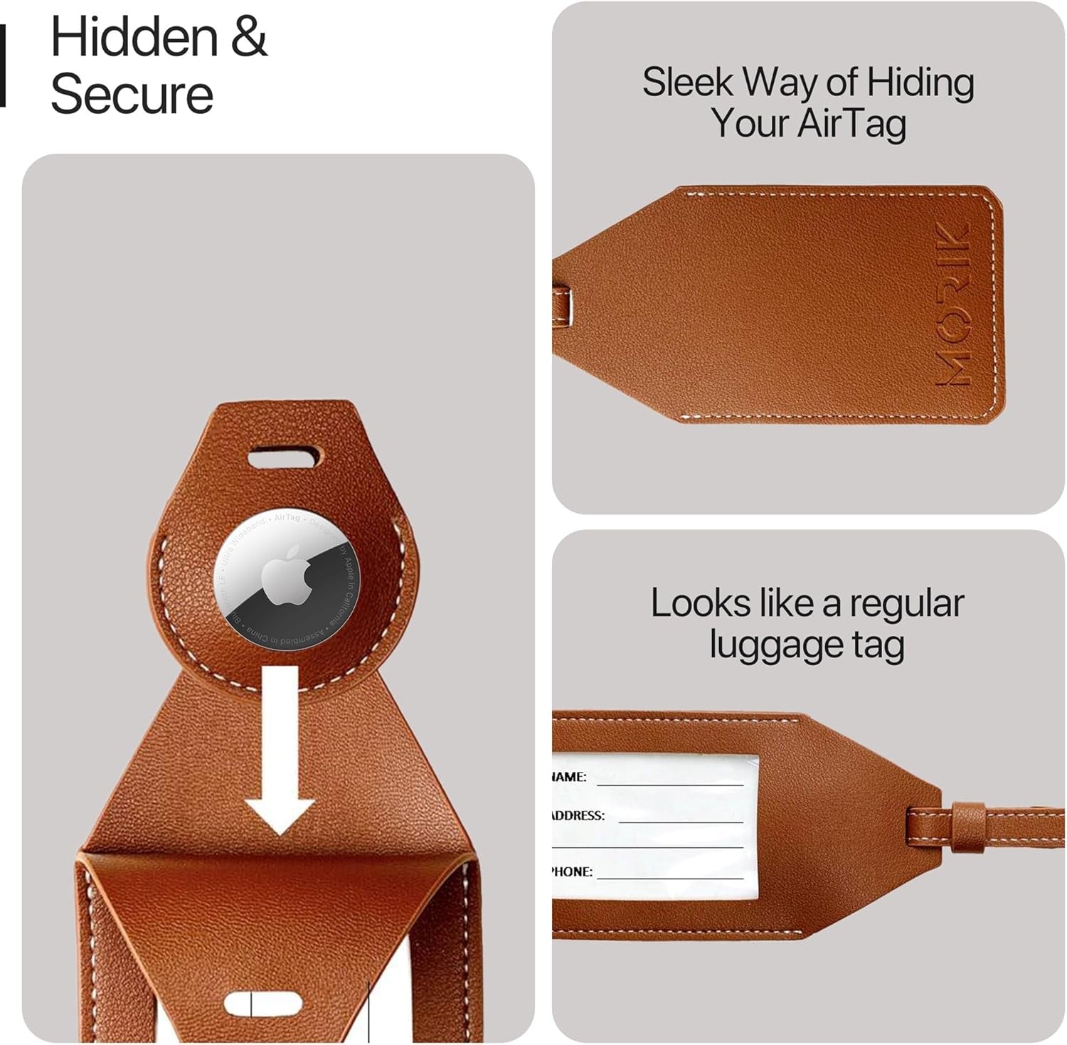 Apple Airtag Luggage Tag Holder, Tsa-Approved Luggage Tag with Hidden Compartment for Apple Airtag (Brown)