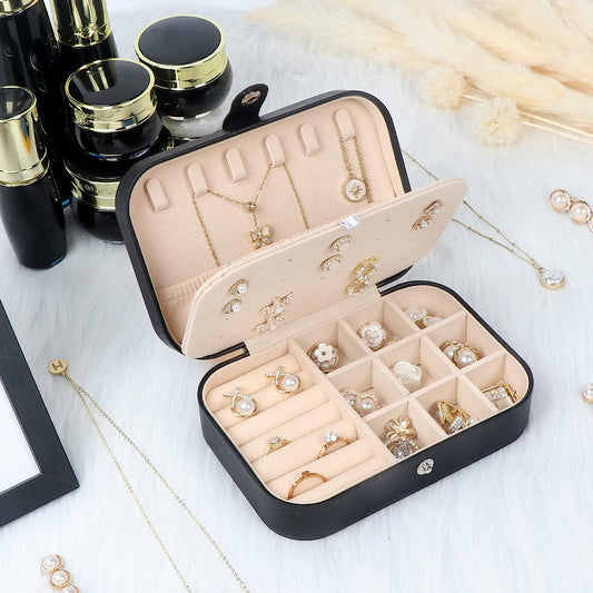 Travel Jewelry Box, Small Jewelry Organizer Boxes for Women Girls, 2 Layer Travel Jewlery Case, PU Leather Mini Portable Jewerly Storage Display Holder for Earrings, Ring, Necklaces, Bracelets Black 1