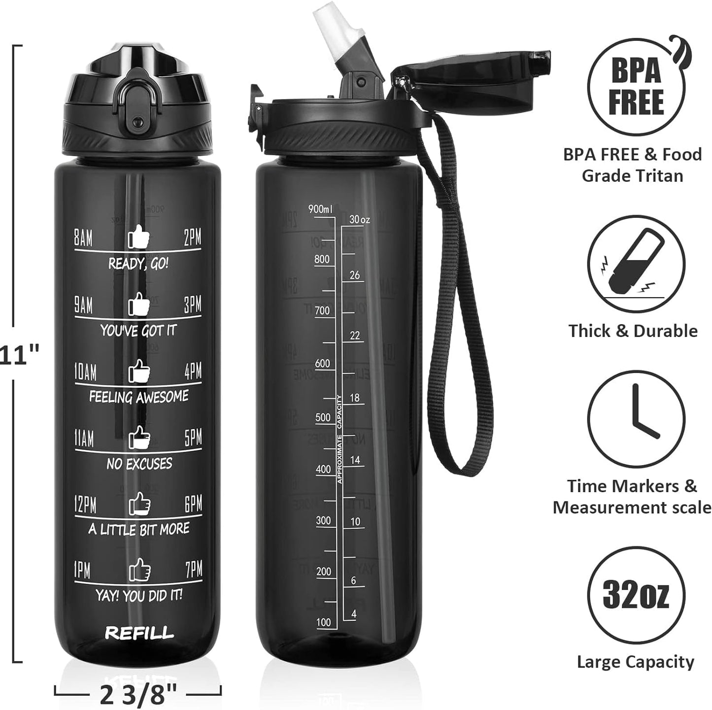 32 Oz Water Bottle with Sleeve - BPA Free Leakproof Sport Large 1L Plastic Motivational Water Bottle with Straw Strap & Insulated Neoprene Holder Carrier Bag Great Xmas Gift for Women Men