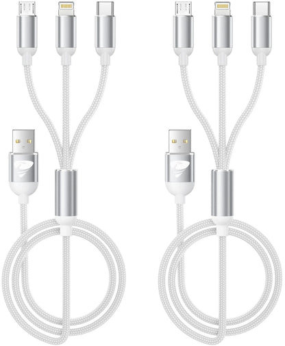 2 Pack Multi Charging Cable, 3 in 1 Multi Phone Charger Cable Fast Charging Cord with Lightning, USB C and Micro USB Cable, for Iphone Ipad Samsung Android Phone, Black