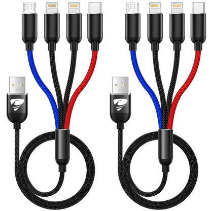 2 Pack Multi Charging Cable, 3 in 1 Multi Phone Charger Cable Fast Charging Cord with Lightning, USB C and Micro USB Cable, for Iphone Ipad Samsung Android Phone, Black