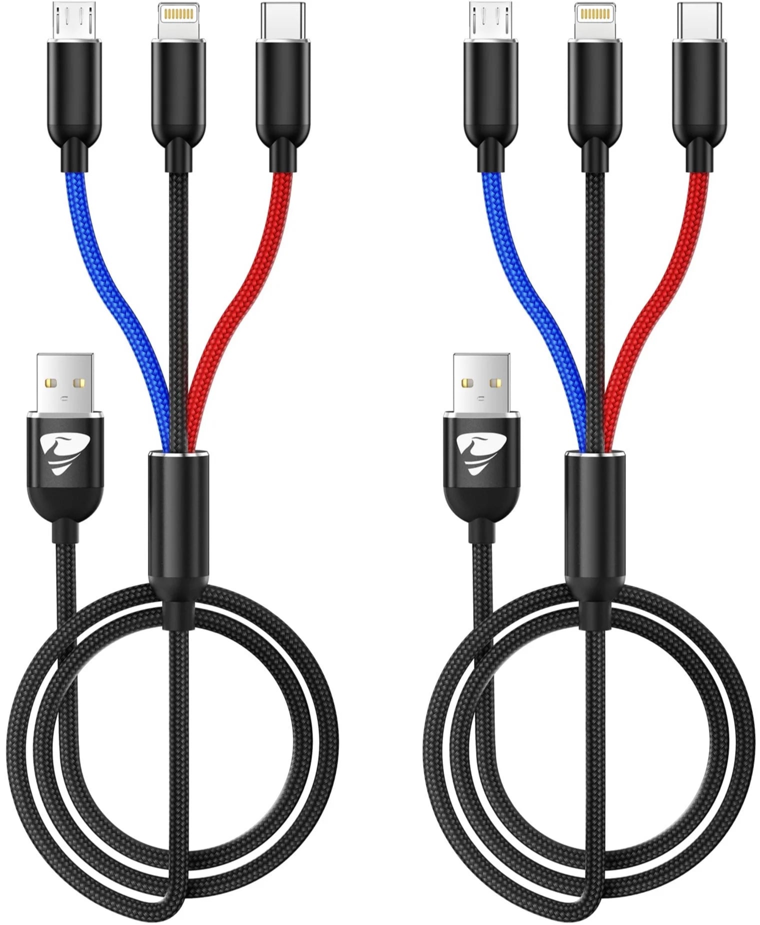 2 Pack Multi Charging Cable, 3 in 1 Multi Phone Charger Cable Fast Charging Cord with Lightning, USB C and Micro USB Cable, for Iphone Ipad Samsung Android Phone, Black