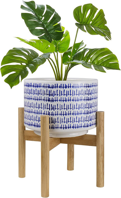 Large Ceramic Plant Pot with Stand - 9.4 Inch Modern Cylinder Indoor Planter with Drainage Hole for Snake Plants, Fiddle Fig Tree, Artificial Plants, Blue & White