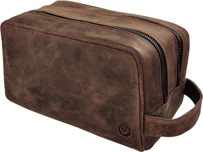 Full Grain Leather Travel Toiletry Bag - Dopp Kit Organizer (Dark Brown)