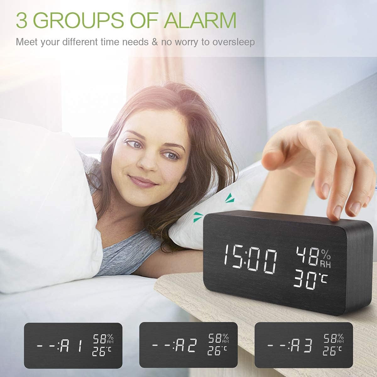 Digital Wooden Alarm Clock, Electronic LED Desktop Clock with Temperature Humidity Time Display, 3 Alarm Settings, Voice Control, 3 Levels Adjustable Brightness for Home, Bedroom, Office