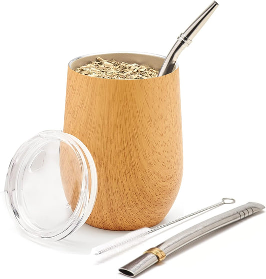 5 Pcs Large Yerba Mate Cup and Bombilla Kit, Includes One 12 Oz Yerba Mate Gourd with Lid, Two Bombillas Mate Straw and One Cleaning Brush | Stainless Steel | Double Walled