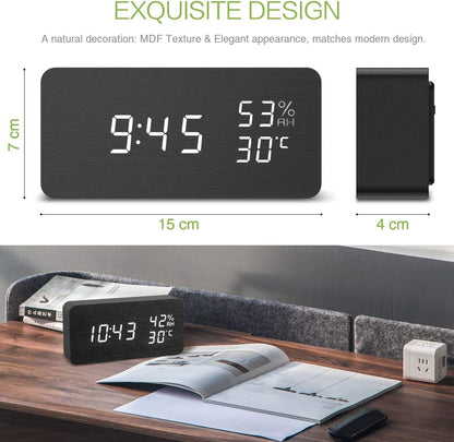 Digital Wooden Alarm Clock, Electronic LED Desktop Clock with Temperature Humidity Time Display, 3 Alarm Settings, Voice Control, 3 Levels Adjustable Brightness for Home, Bedroom, Office