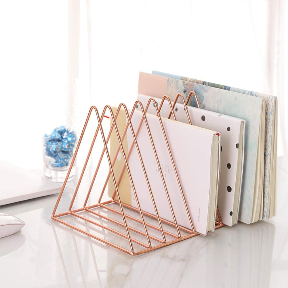 9 Slot Rose Gold Magazine Holder,Desktop File Sorter Organizer Triangle Bookshelf Decor Home Office