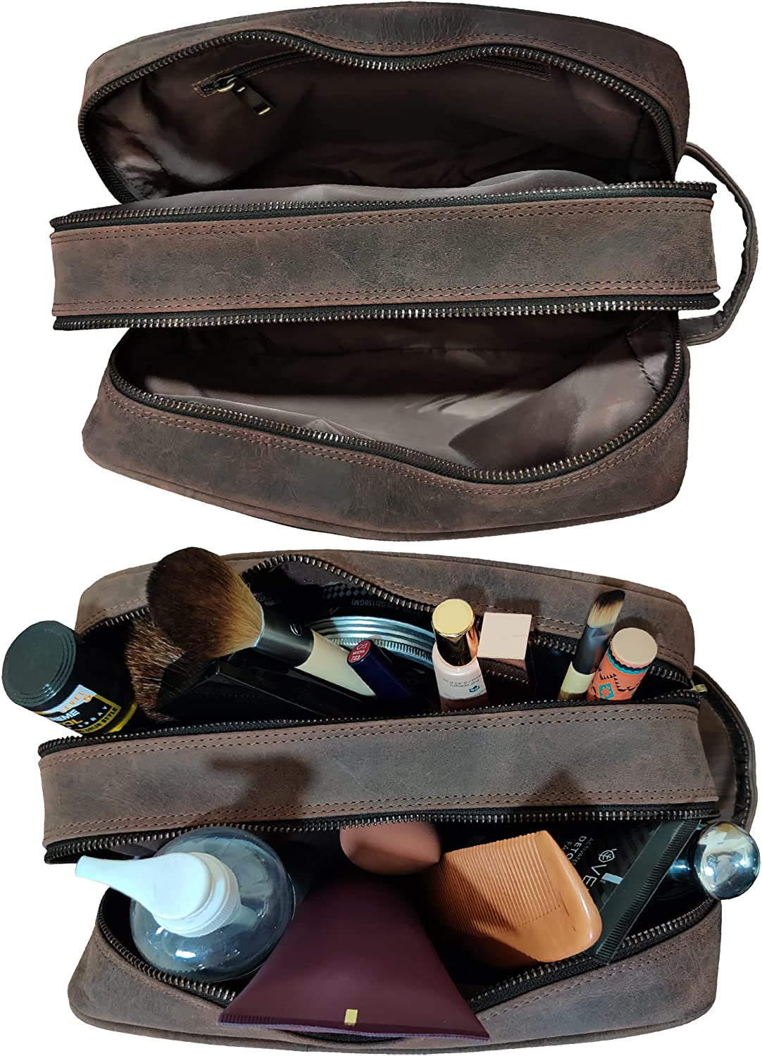 Full Grain Leather Travel Toiletry Bag - Dopp Kit Organizer (Dark Brown)