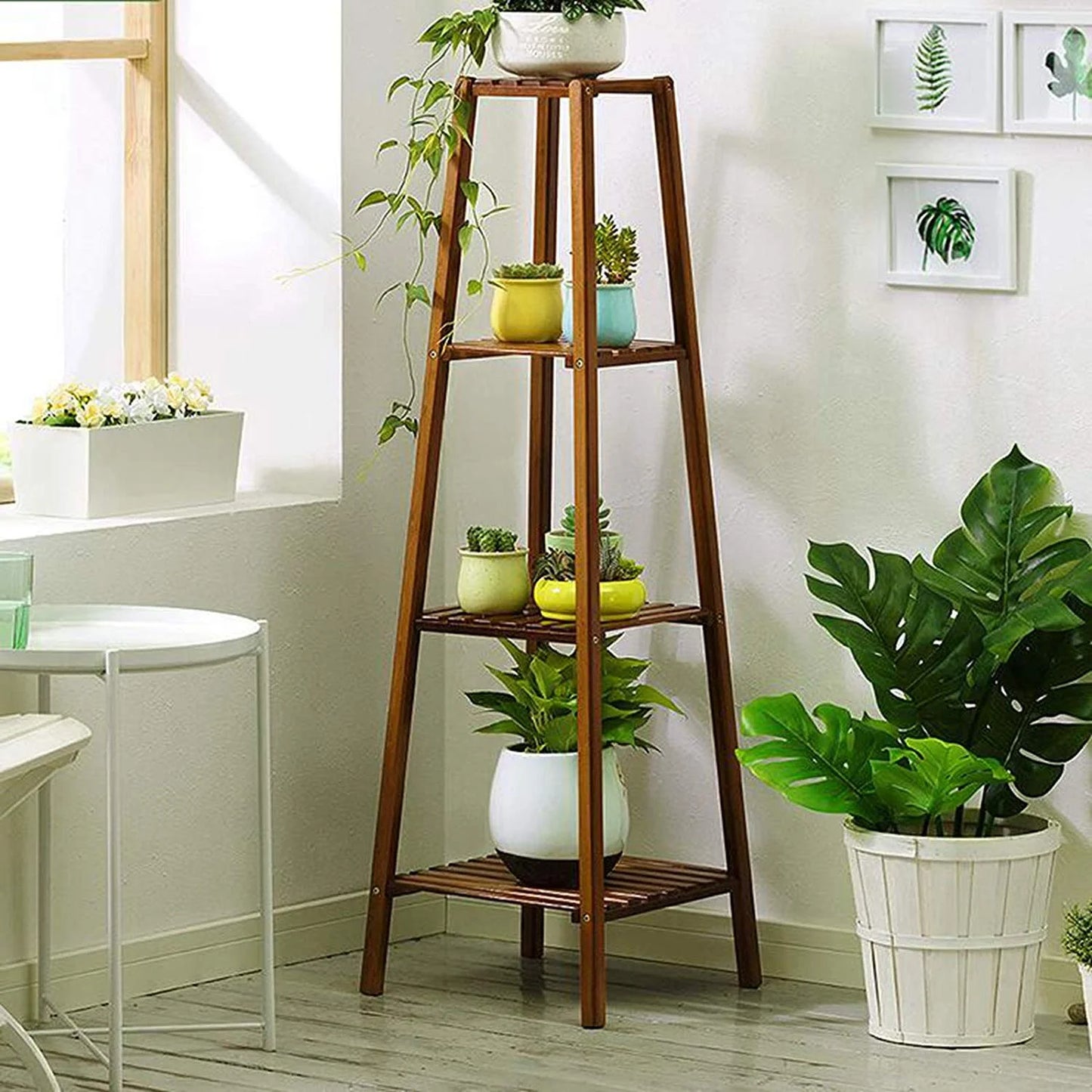 Bamboo 2 Tier Tall Plant Stand Pot Holder Small Space Table