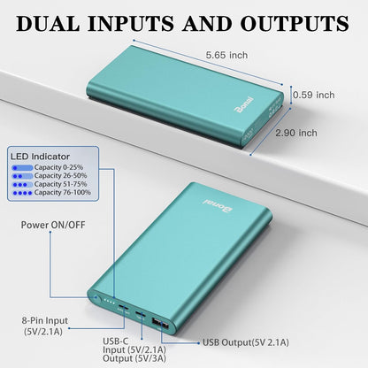 Portable Charger 12,000Mah 5V/3A Fast Charging Power Bank, Dural Input & Output Ports (USB-C in & Out) Portable Phone Charger for Iphone 15/14/13/12 Series Samsung Galxy Android Ipad Etc - Mint