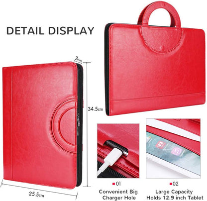 Zippered Leather Padfolio Portfolio with [Hidden Handle] and [Clipboard], Business Conference Portfolio Organizer Notepad Folder, Portfolio Bag, Portfolio Padfolio for Women/Men (Red)