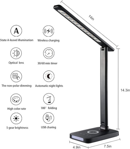 LED Desk Lamp with Fast Charger, USB Charging Port, Desk Light for Home Office with 5 Brightness Levels, Touch Control, 30/60 Min Auto Timer, Eye-Caring Dimmable Table Lamp with Adapter