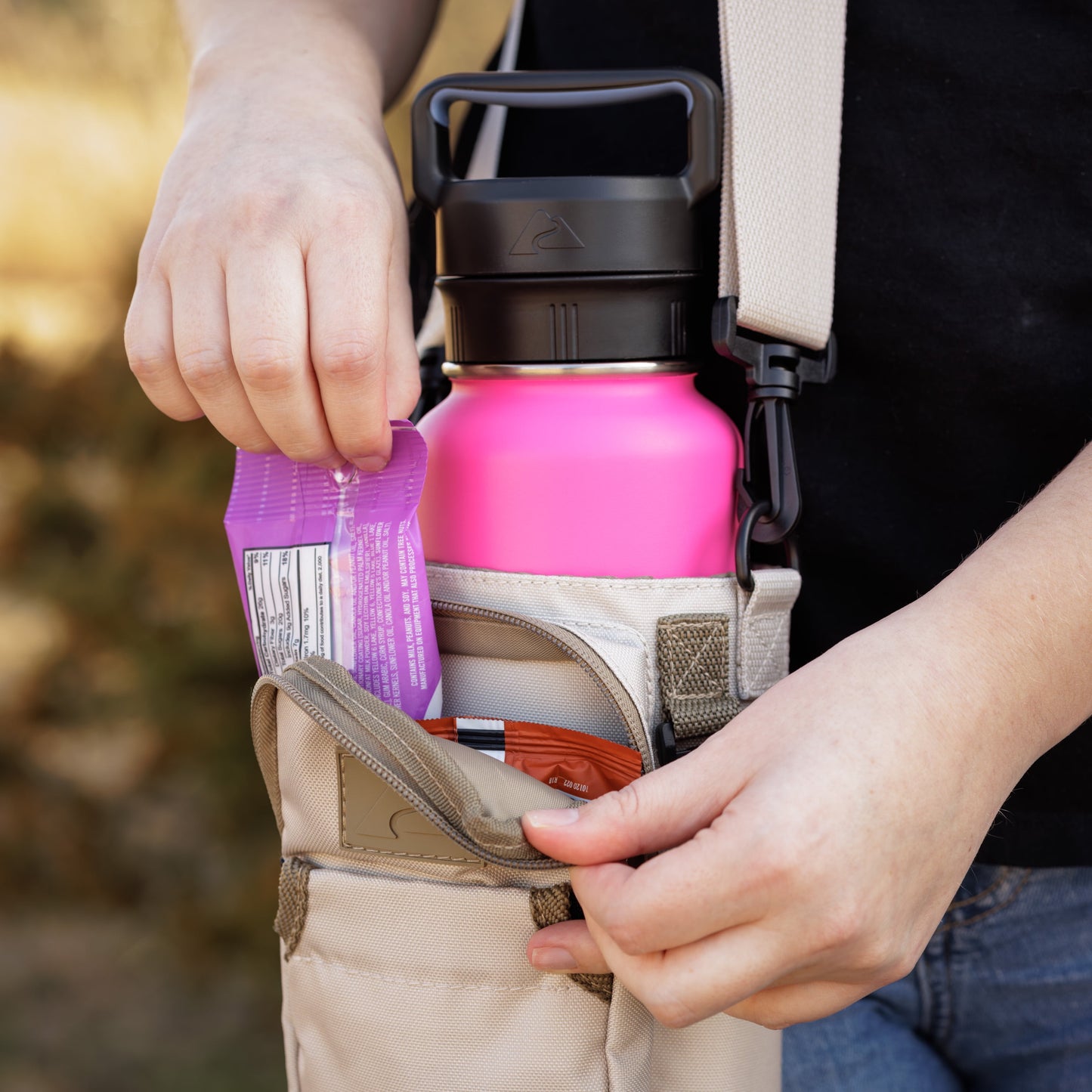 32-40 Fl Oz Water Bottle Sling Carrier with Shoulder Strap and Front Zipper Pocket, Khaki