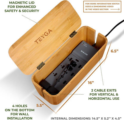 Bambox Premium by  - Indestructible Bamboo Cable Management Box - Stylish Cord Wire Organizer That Hides Power Strip Hider and Surge Protector Cover