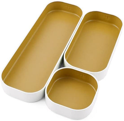 Seattle 3 Piece Shallow Metal Organizer Tray Set for Storing Makeup, Stationery, Utensils, and More in Office Desk, Kitchen and Bathroom Drawers (1 Inch, Gold and White)