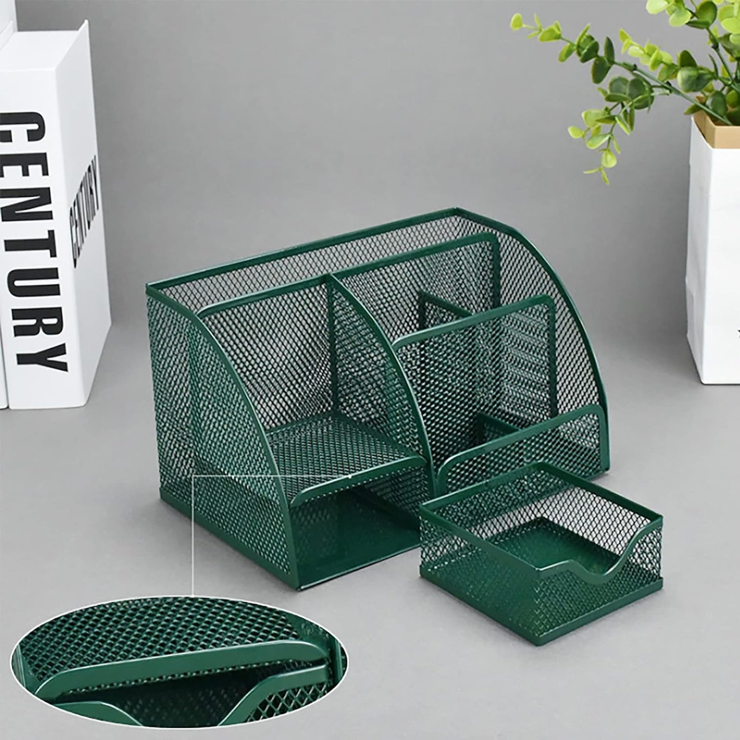 Office Supply Caddy Metal Mesh Desktop Supplies Organizer School Supply Holder Stuff Storage Organizer 6 Compartments with Drawer (Olive Green)