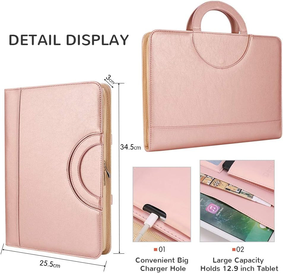 Zippered Leather Padfolio Portfolio with [Hidden Handle] and [Clipboard], Business Conference Portfolio Organizer Notepad Folder, Portfolio Bag, Portfolio Padfolio for Women/Men (Rosegold)