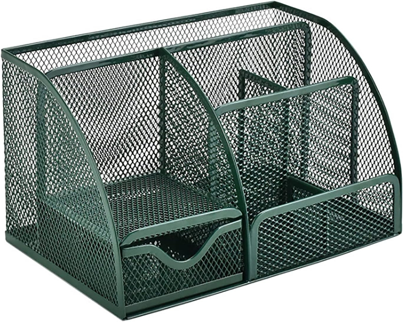 Office Supply Caddy Metal Mesh Desktop Supplies Organizer School Supply Holder Stuff Storage Organizer 6 Compartments with Drawer (Olive Green)