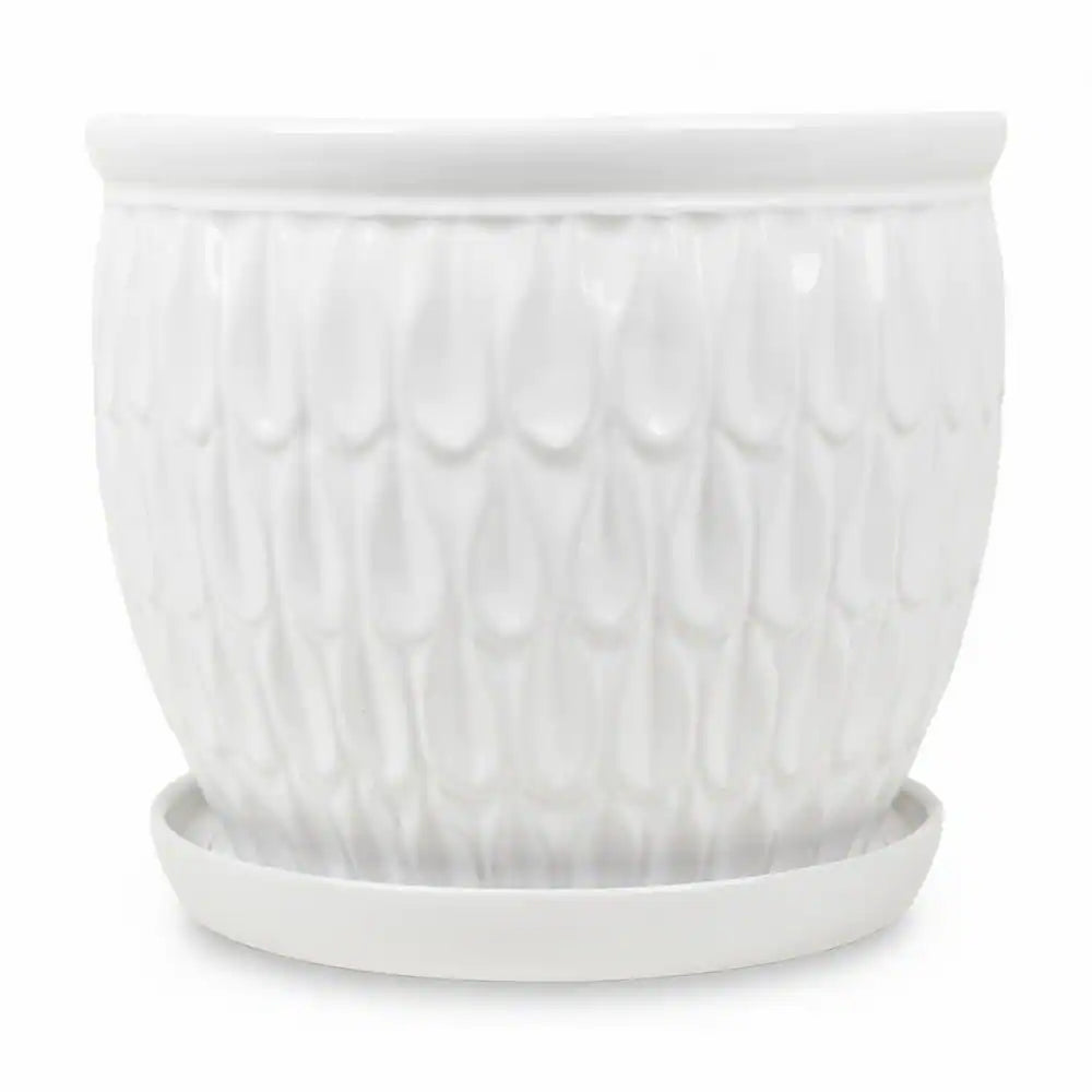 12.25 In. W X 10.6 In. H White Ceramic Raindrop Planter with Saucer