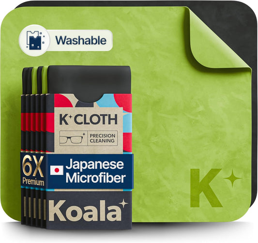 Koala Lens Cleaning Cloth | Japanese Microfiber | Glasses Cleaning Cloths | Eyeglass Lens Cleaner | Eyeglasses, Camera Lens, VR/AR Headset, and Screen Cleaning | Black & Green (Pack of 6)