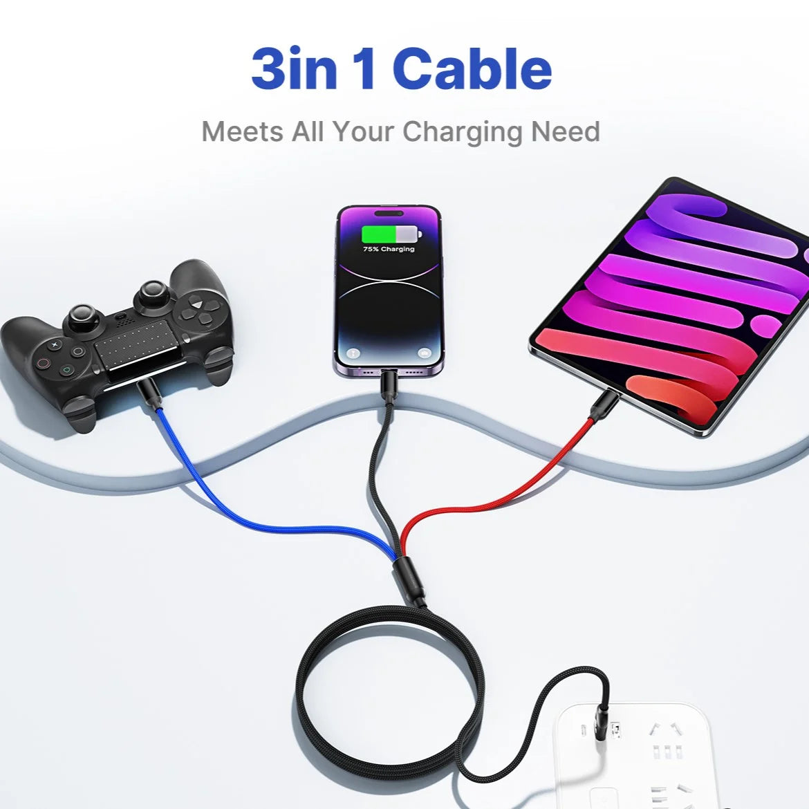 2 Pack Multi Charging Cable, 3 in 1 Multi Phone Charger Cable Fast Charging Cord with Lightning, USB C and Micro USB Cable, for Iphone Ipad Samsung Android Phone, Black