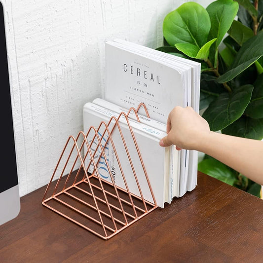 9 Slot Rose Gold Magazine Holder,Desktop File Sorter Organizer Triangle Bookshelf Decor Home Office