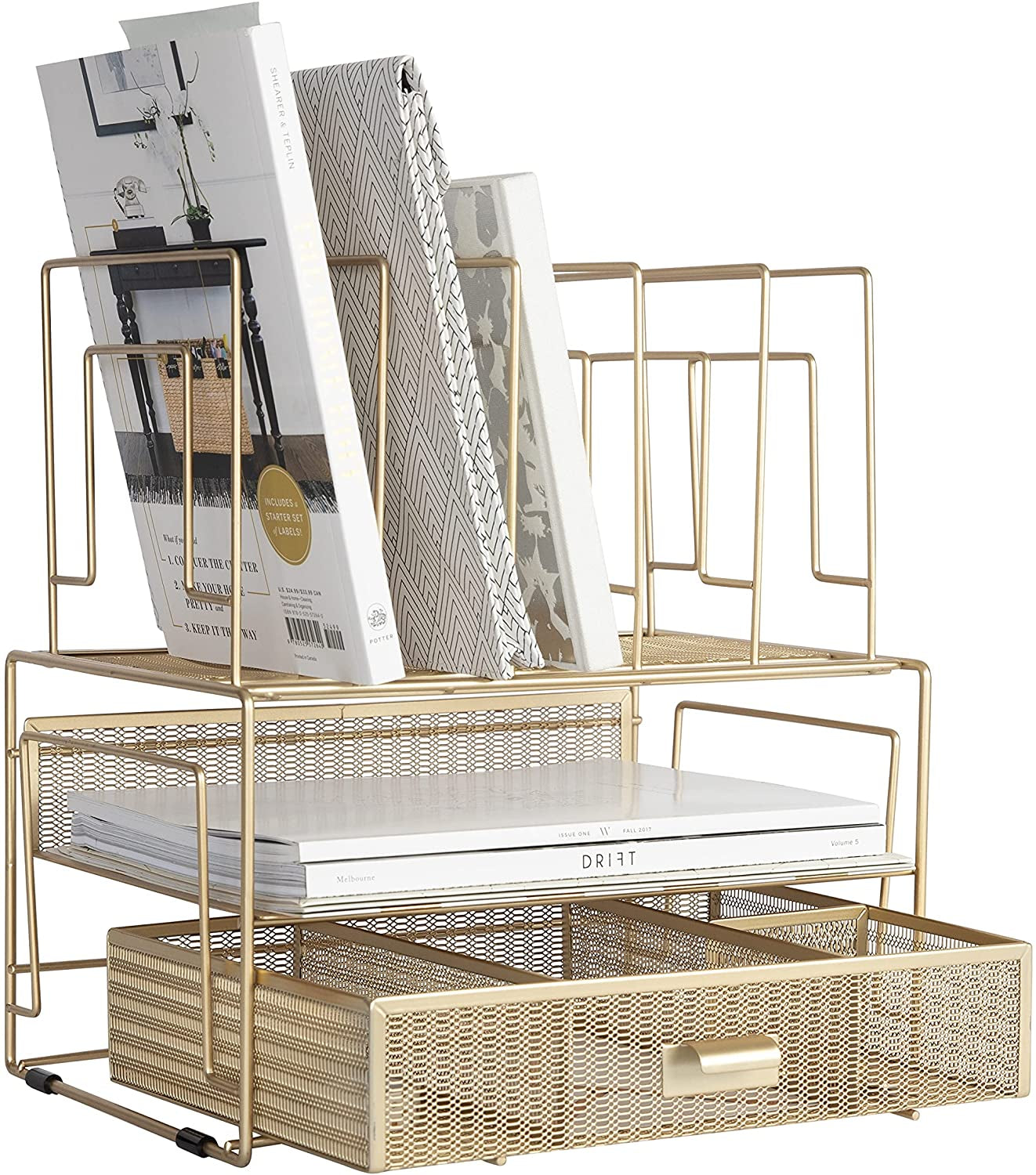 Gold Desk Accessories and Workspace, Desktop Organizer - Cute File Organizer for Desk and Drawer Storage for Office Supplies, Paper, Device and Folders - File Holder