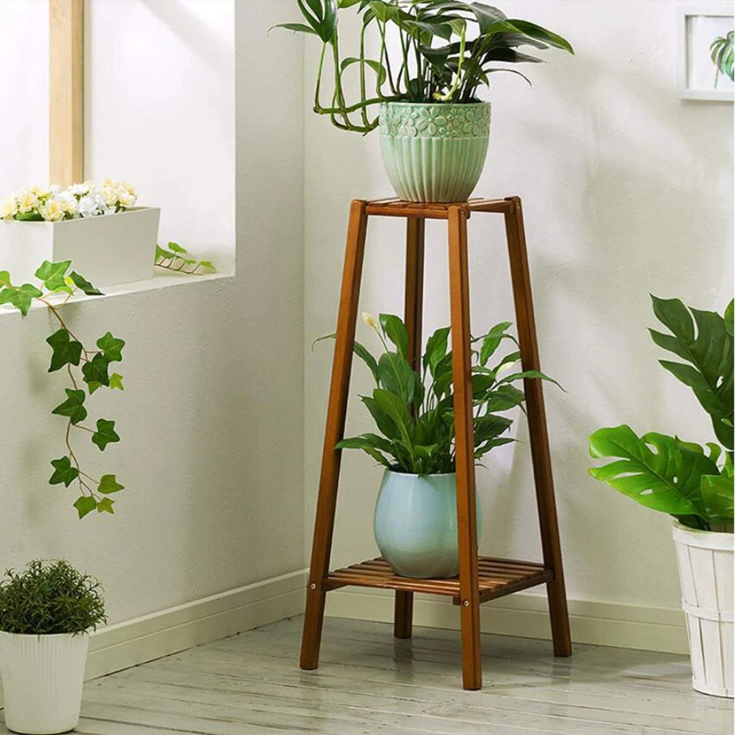 Bamboo 2 Tier Tall Plant Stand Pot Holder Small Space Table