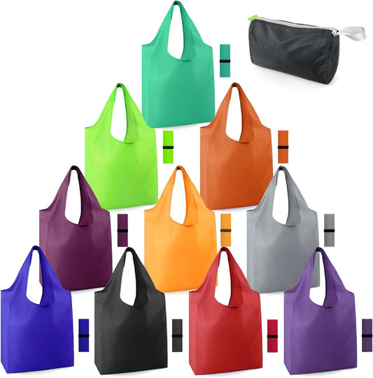 Reusable-Grocery-Bags-Foldable-Machine-Washable-Reusable-Shopping-Bags-Bulk Colorful 10 Pack 50LBS Extra Large Folding Reusable Bags Totes W Zipper Storage Pouch Lightweight Polyester Fabric