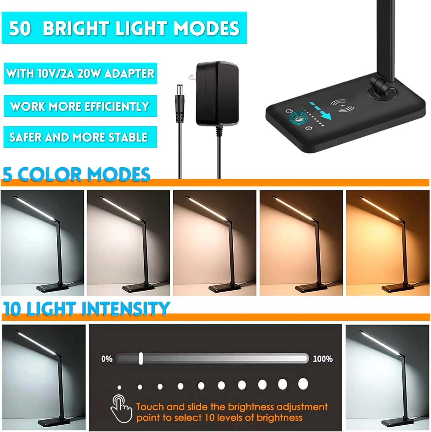 Desk Lamp, Double Head LED Desk Light for Home Office, 20W Eye Caring, Wireless Charging, USB Port, Timmer,5 Color Modes, Black