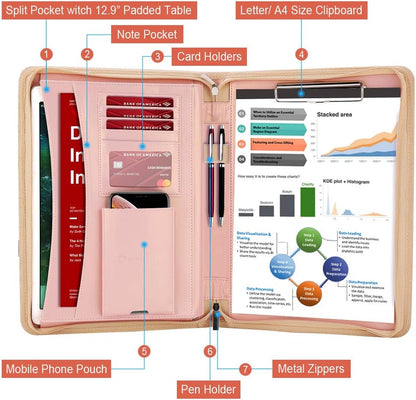 Zippered Leather Padfolio Portfolio with [Hidden Handle] and [Clipboard], Business Conference Portfolio Organizer Notepad Folder, Portfolio Bag, Portfolio Padfolio for Women/Men (Rosegold)