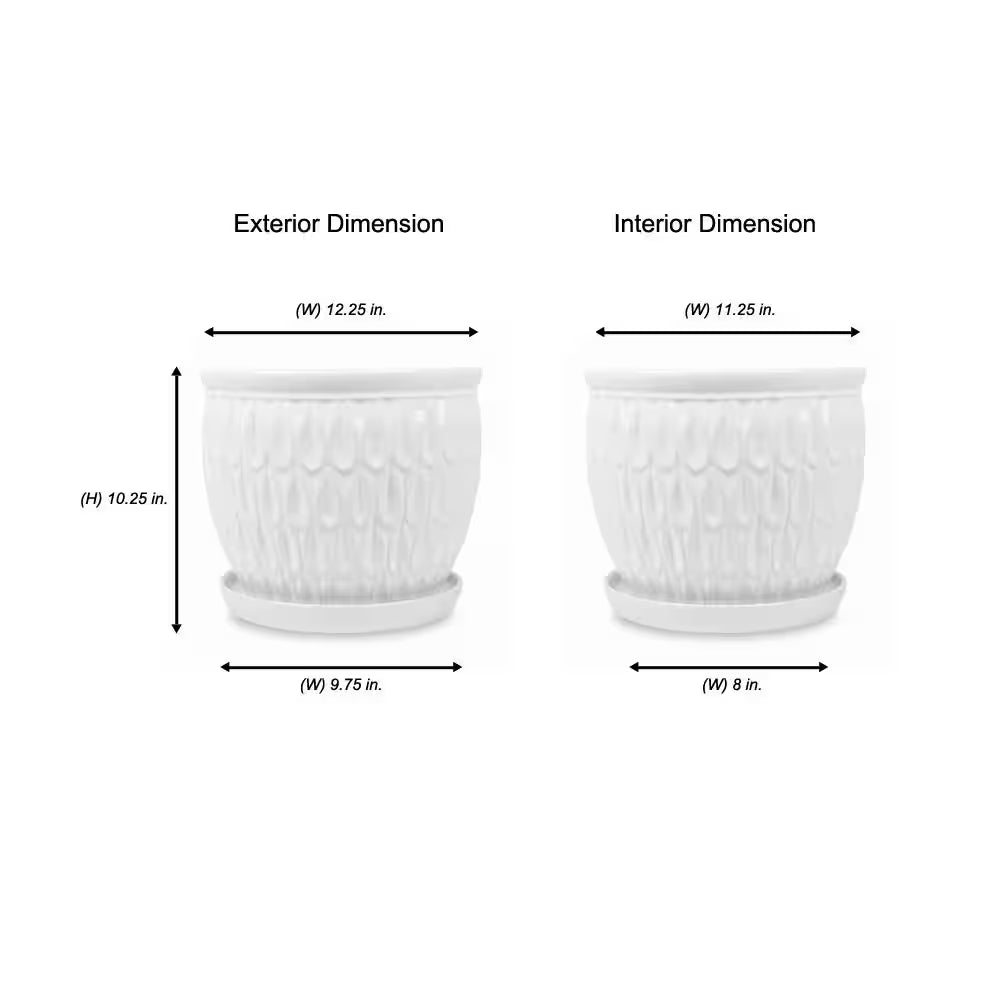 12.25 In. W X 10.6 In. H White Ceramic Raindrop Planter with Saucer