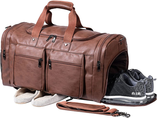 Leather Travel Bag with Shoe Pouch,Weekender Overnight Bag Waterproof Leather Large Carry on Bag Travel Tote Duffel Bag for Men or Women-Brown