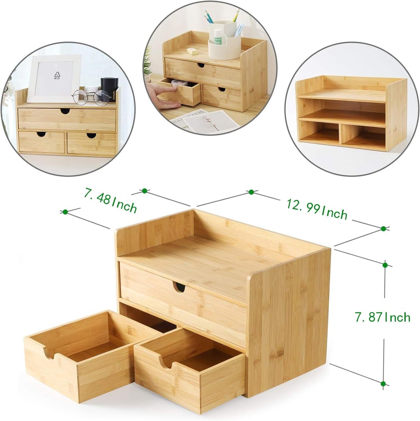 Bamboo Desk Organizer, Mini Desktop Drawer Tabletop Storage Organization Box for Office Home Toiletries Supplies Vanity, No Assembly Required (3 Drawer with Shelf)