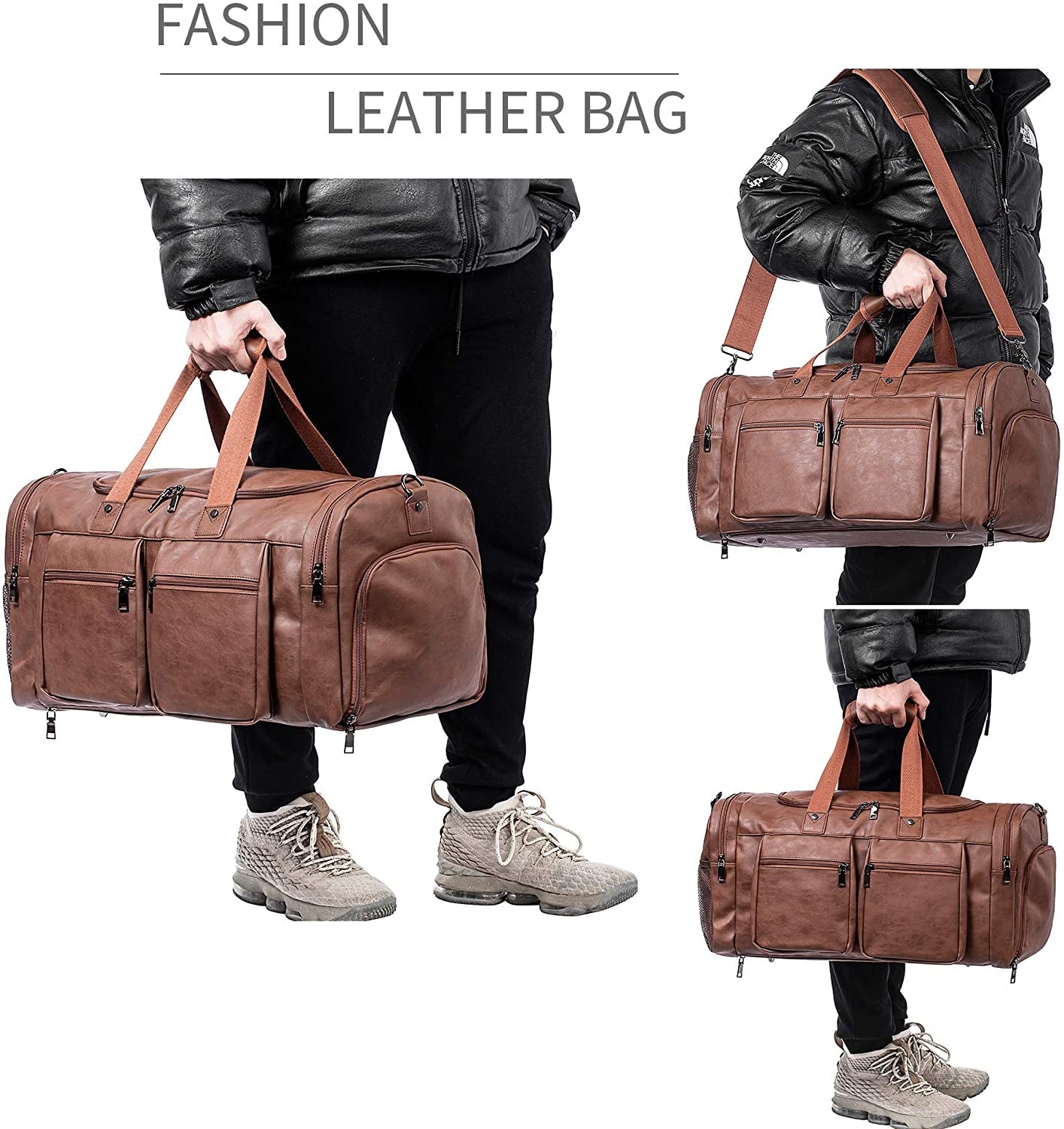 Leather Travel Bag with Shoe Pouch,Weekender Overnight Bag Waterproof Leather Large Carry on Bag Travel Tote Duffel Bag for Men or Women-Brown