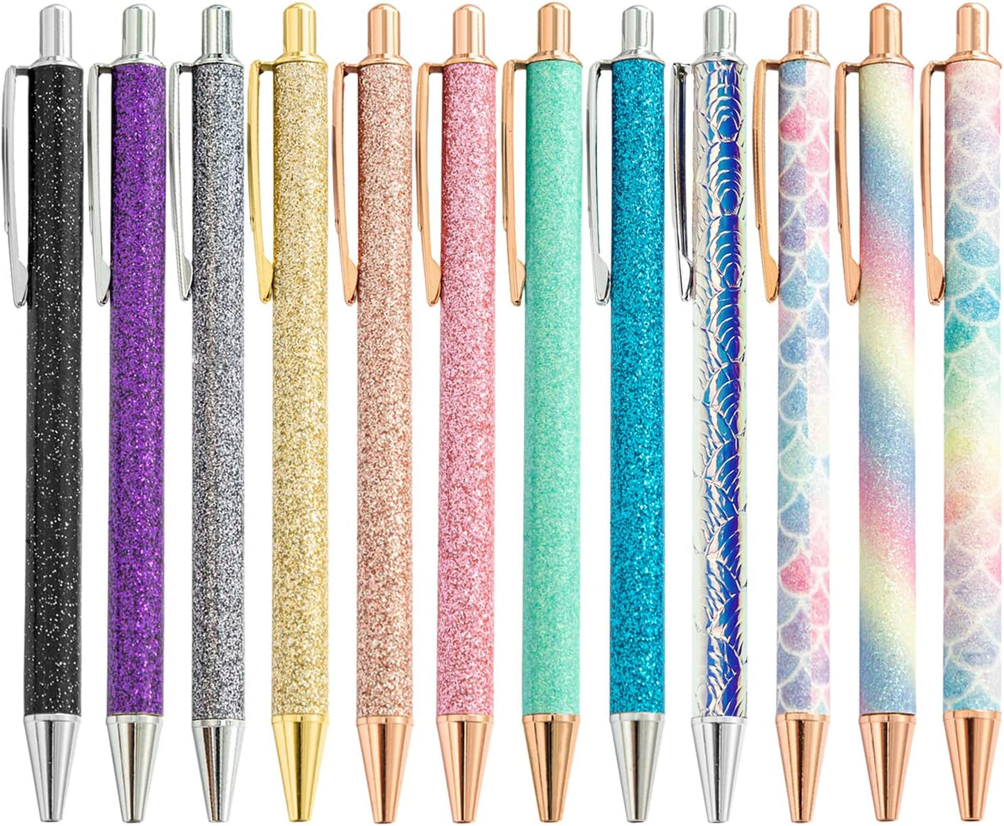 Fun Sparkle Fancy Ballpoint Pen for Women, Cute Sparkly Click Metal Pens, Retractable Multicolor Pen for Journaling & School, Black Ink, 12 Count(Mixed Color)