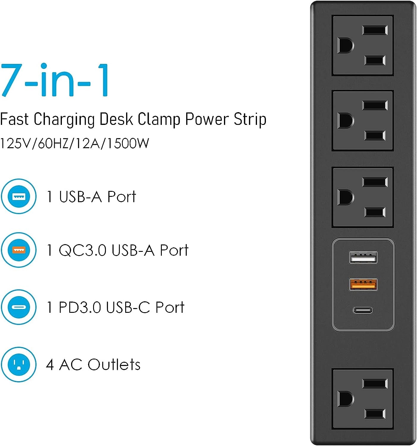 Desk Clamp Power Strip with USB-A and USB-C Ports, Desktop Mount Surge Protector 1200J, Widely Spaced Desk Outlet Station, Fast Charging, 6 FT Flat Plug, Fit 1.9 Inch Tabletop Edge. (Black)