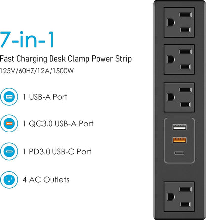 Desk Clamp Power Strip with USB-A and USB-C Ports, Desktop Mount Surge Protector 1200J, Widely Spaced Desk Outlet Station, Fast Charging, 6 FT Flat Plug, Fit 1.9 Inch Tabletop Edge. (Black)